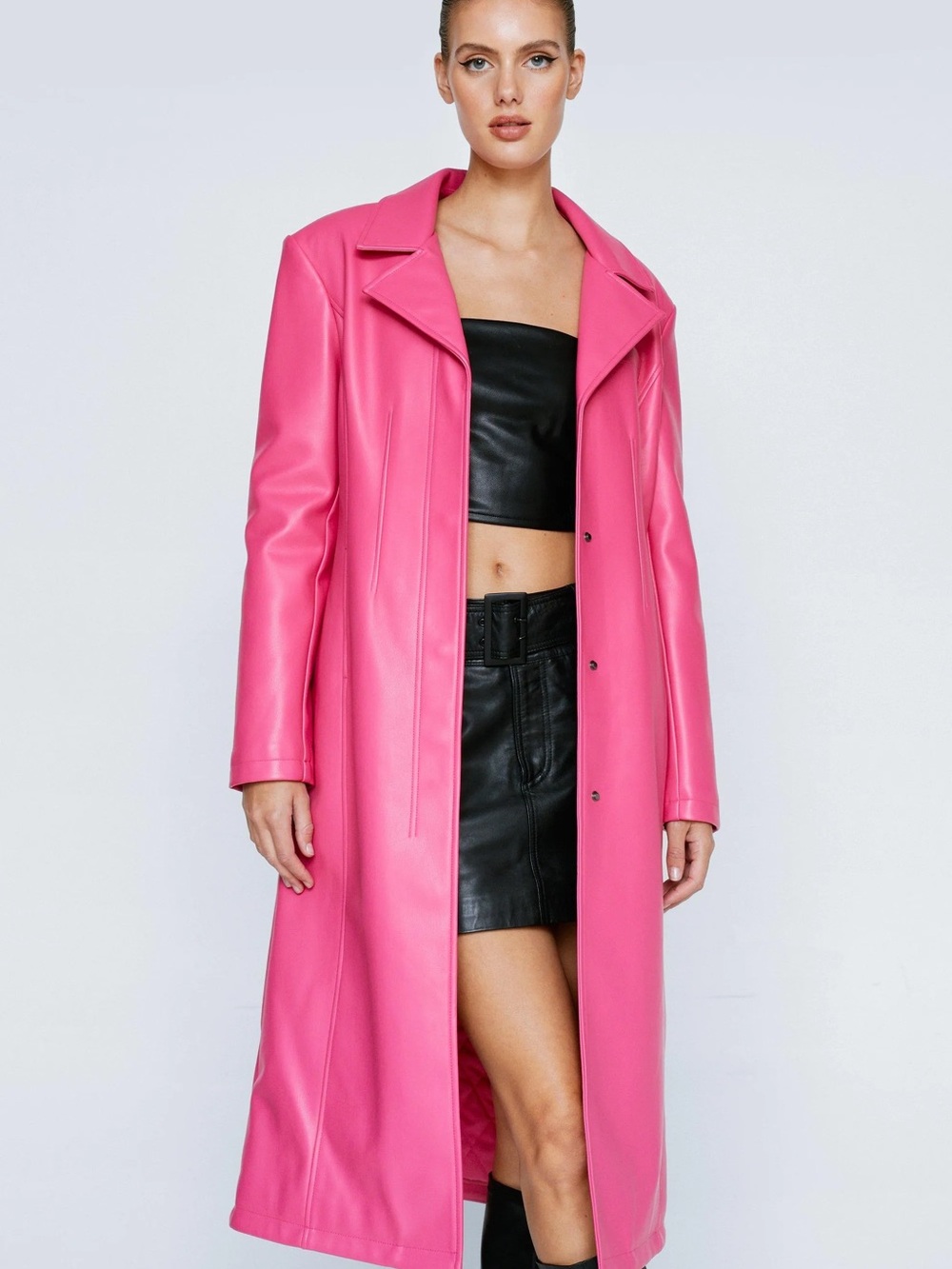 Nasty Gal Vibrant Pink Long Faux-Leather Trench Coat